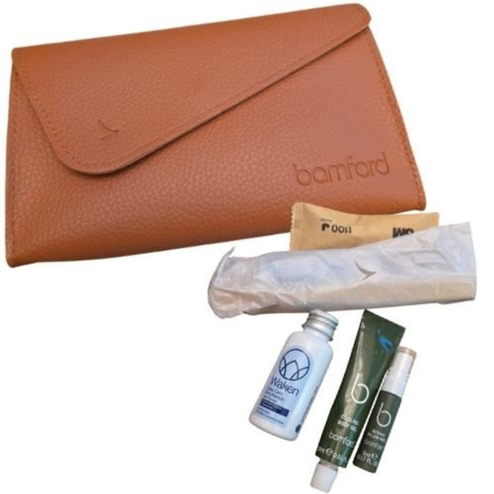 Cathay Pacific Bamford Business Class Amenity Kit Tan Vegan Leather Travel Set
